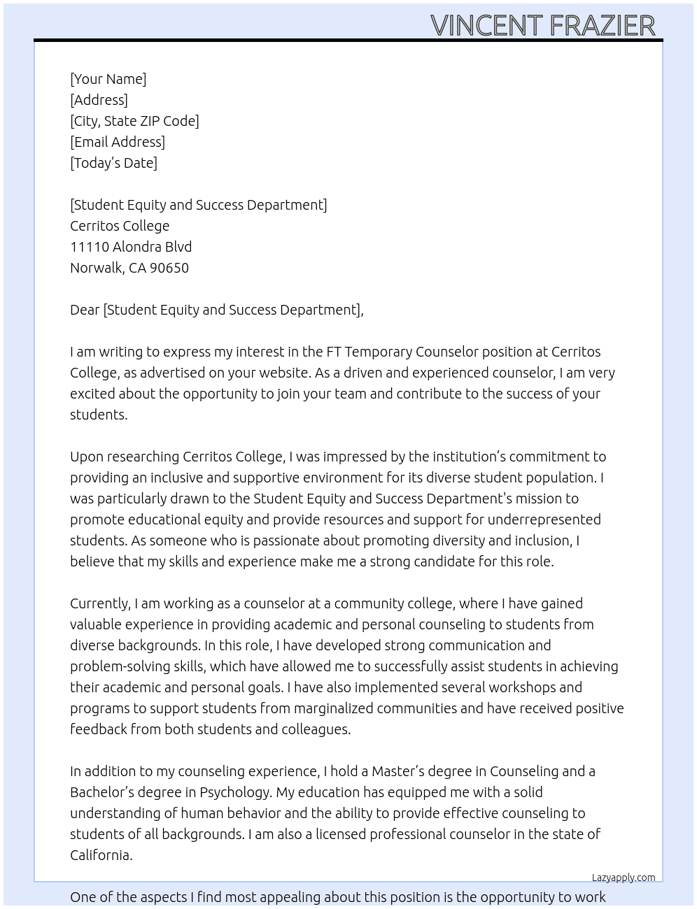 FT Temporary Counselor At Cerritos College  Cover Letter