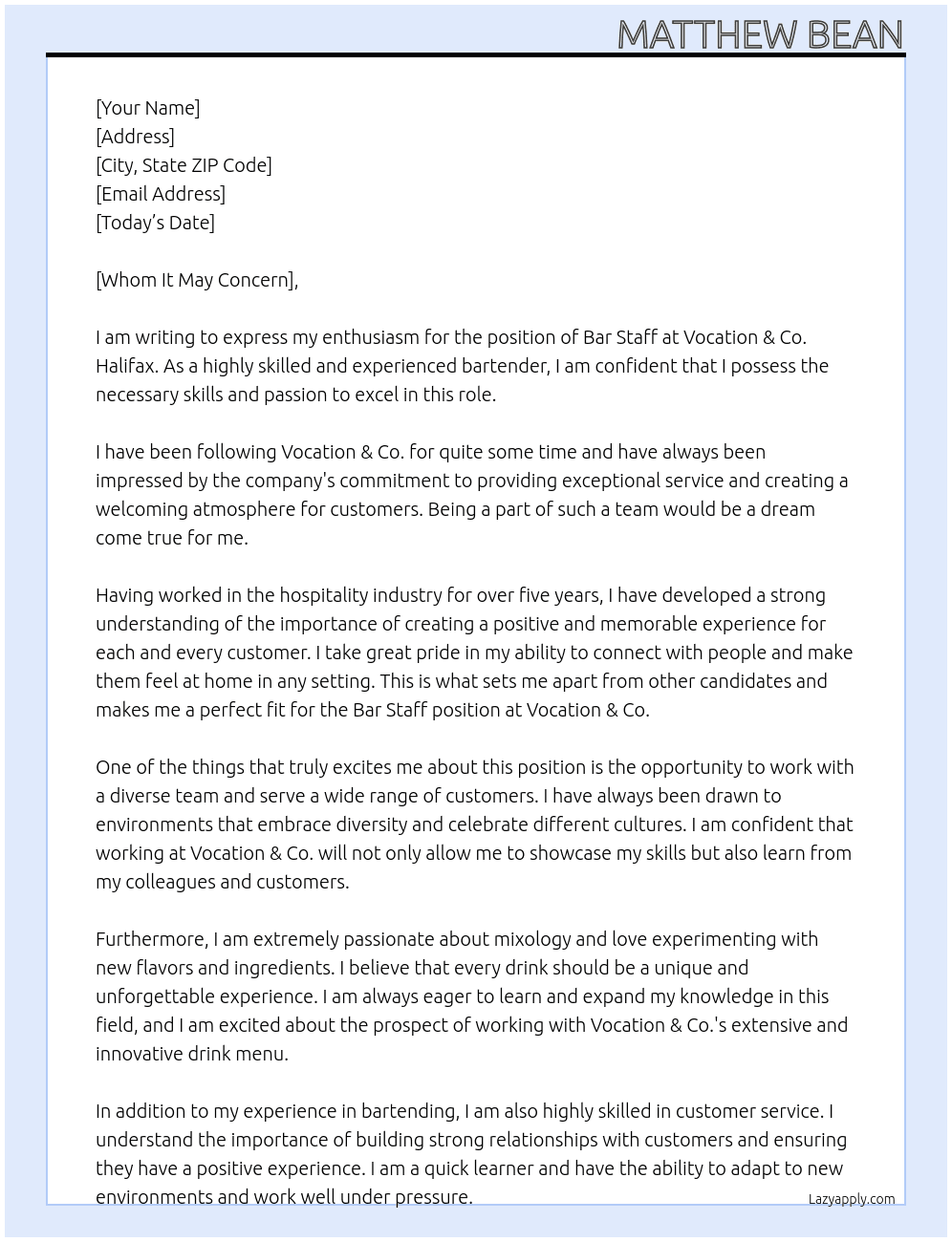 Bar Staff At Vocation & Co. Halifax Cover Letter