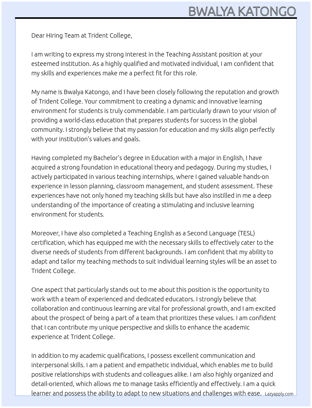 teaching assistant At Trident College Cover Letter