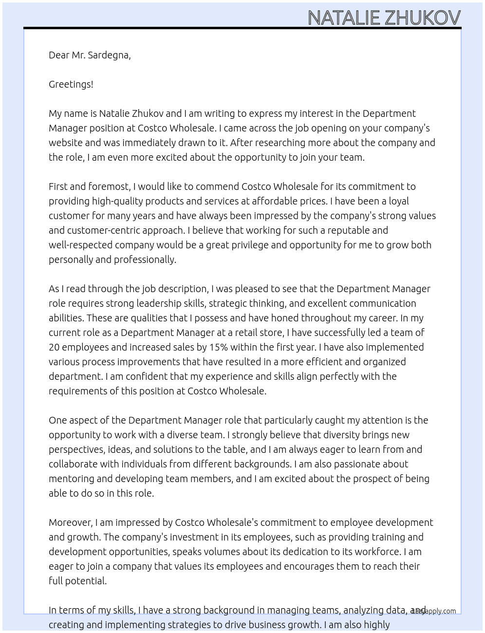 Department manager  At Costco Wholesale  Cover Letter
