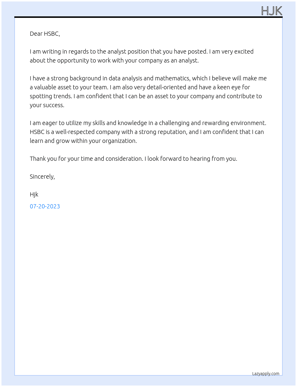analyst At hscbc Cover Letter