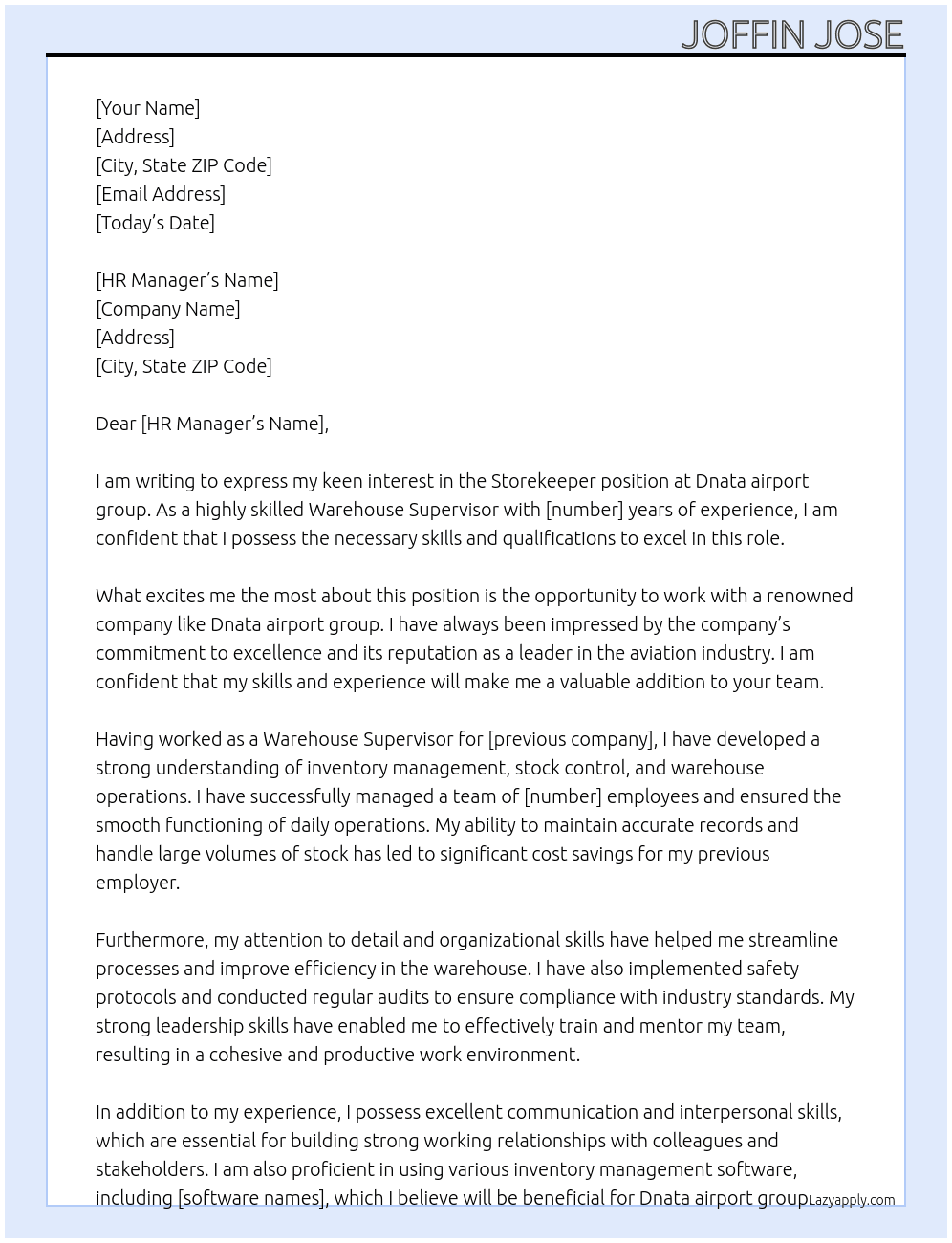 Storekeeper  At Dnata airport group Cover Letter