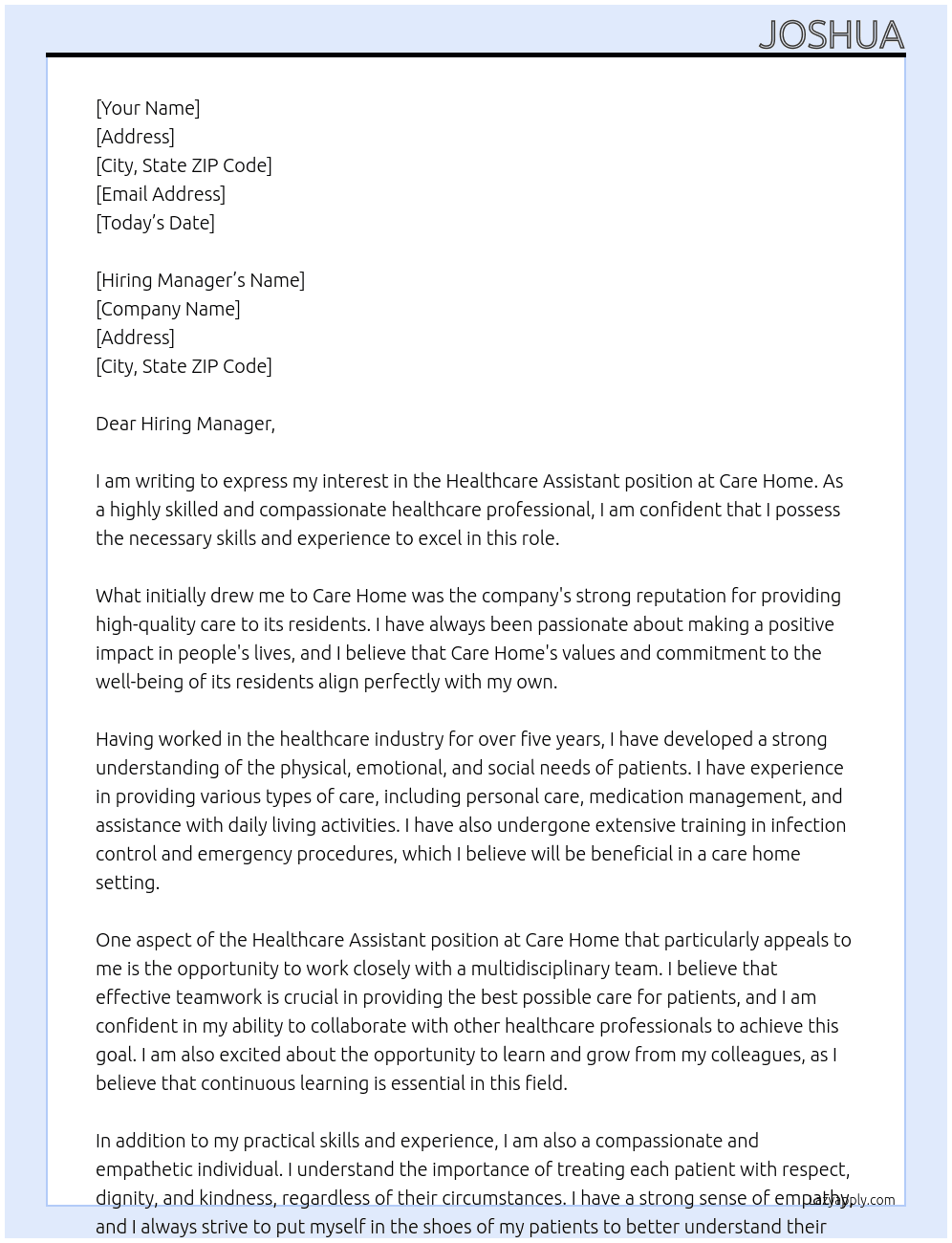 Healthcare assistant At care home  Cover Letter