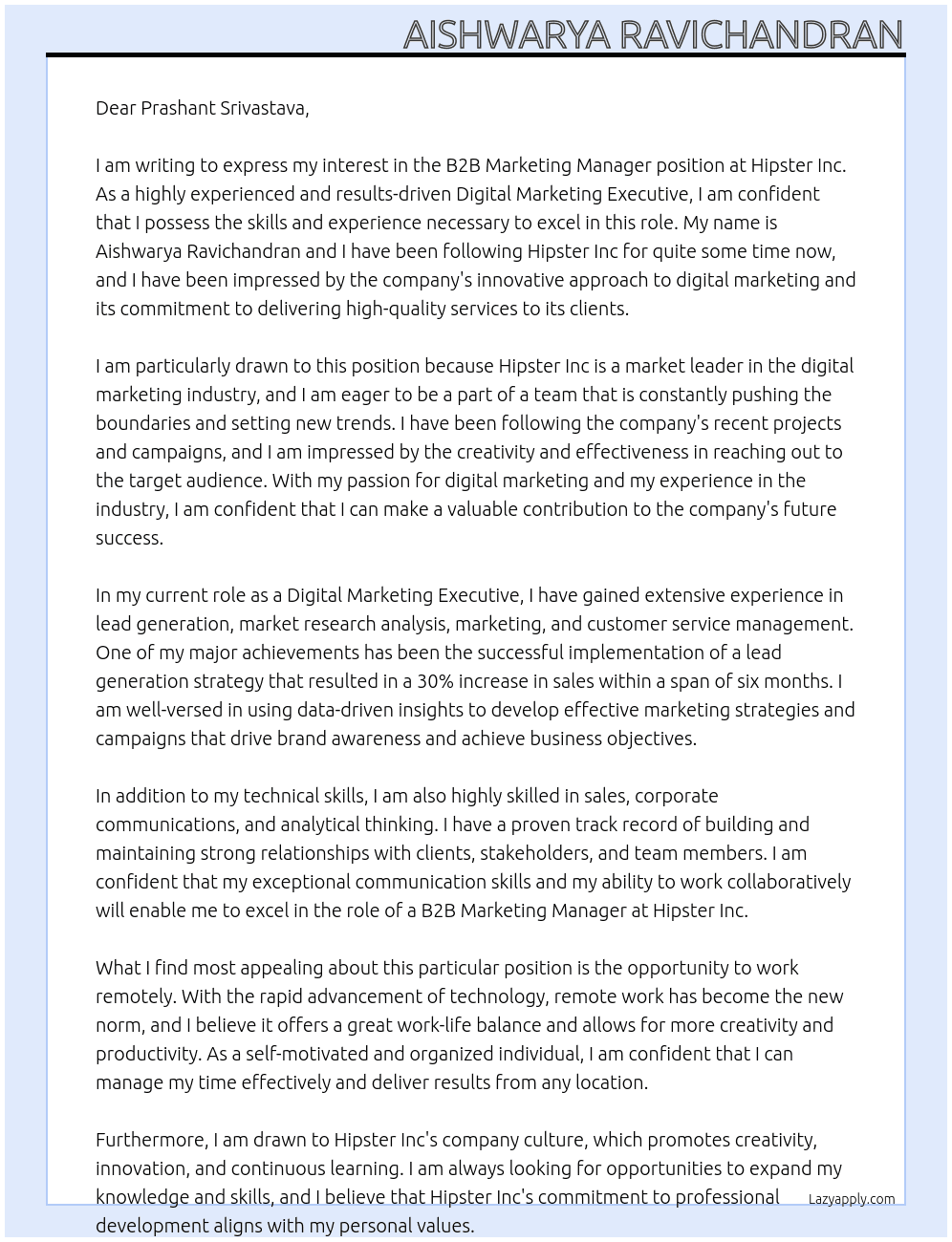 B2B Marketing Manager  At Hipster Cover Letter