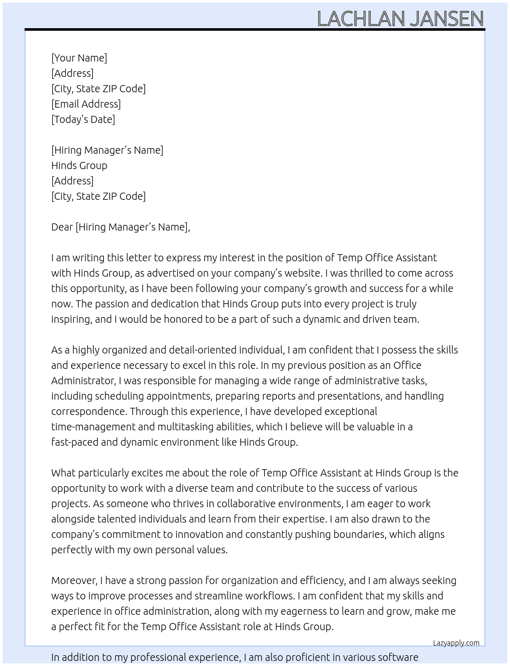 Temp Office Assistant  At Hinds Group Cover Letter