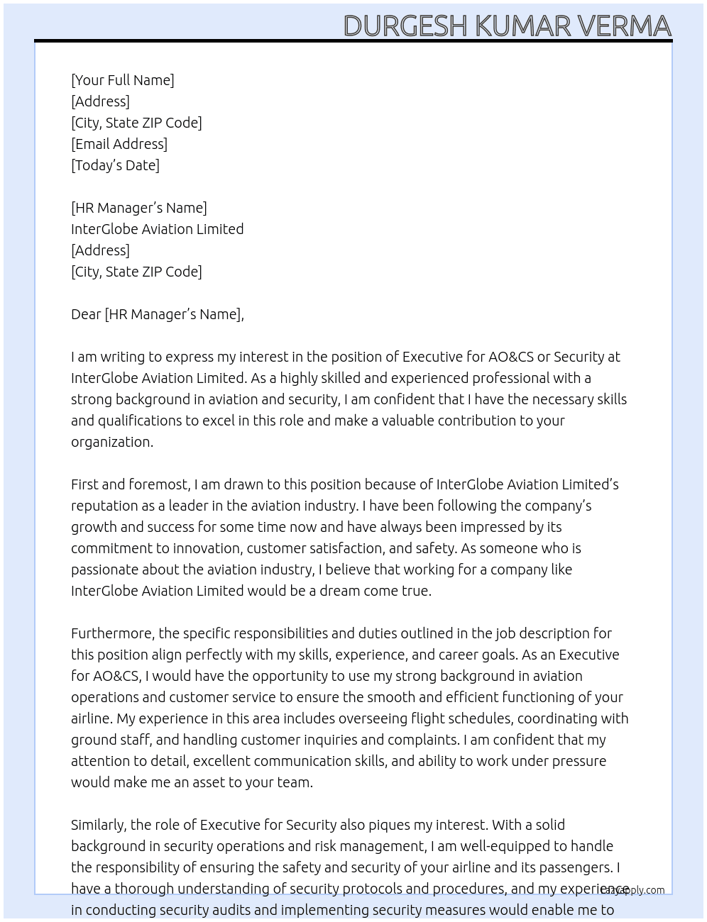 Executive - AO&CS /Executive - Security At InterGlobe Aviation Limited Cover Letter