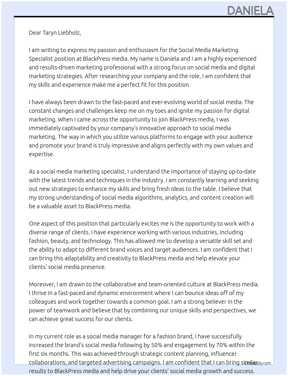 Social Media Marketing Specialist At BlackPress media Cover Letter