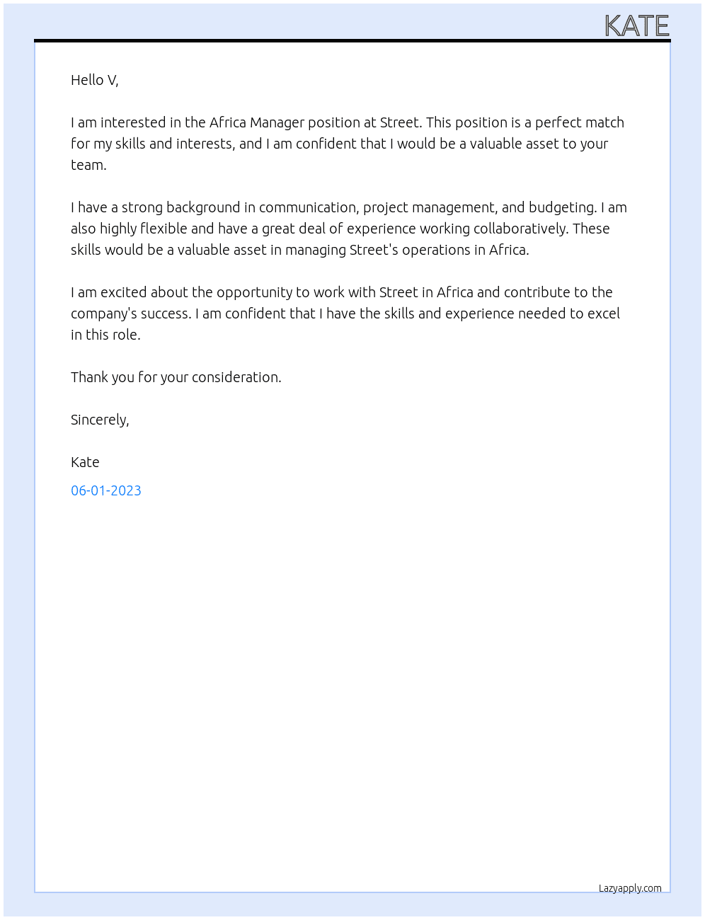 Africa Manager  At Street Cover Letter