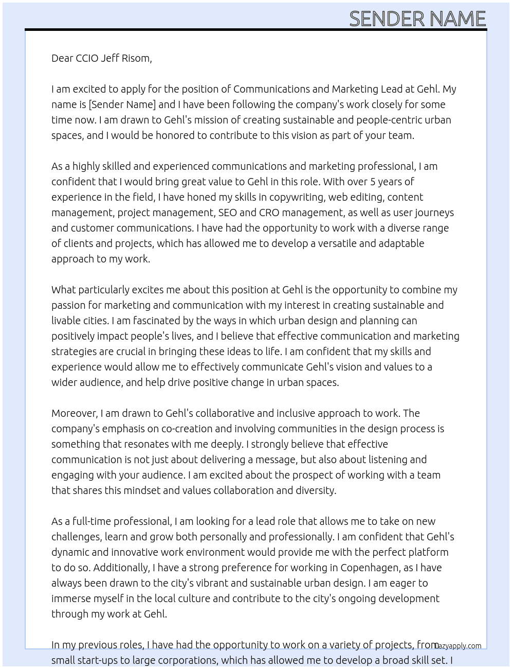 Communications And Marketing Lead At Gehl Cover Letter