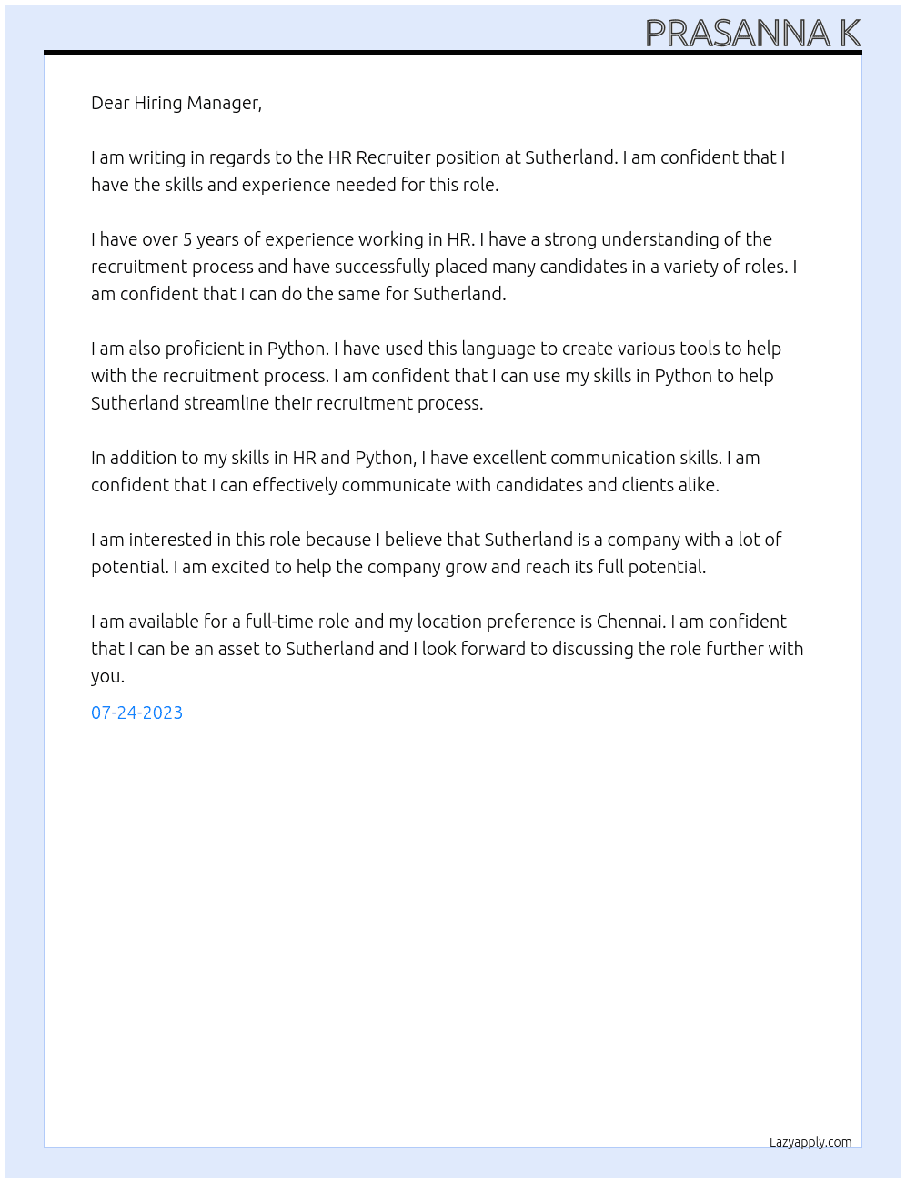 HR Recruiter  At Sutherland  Cover Letter