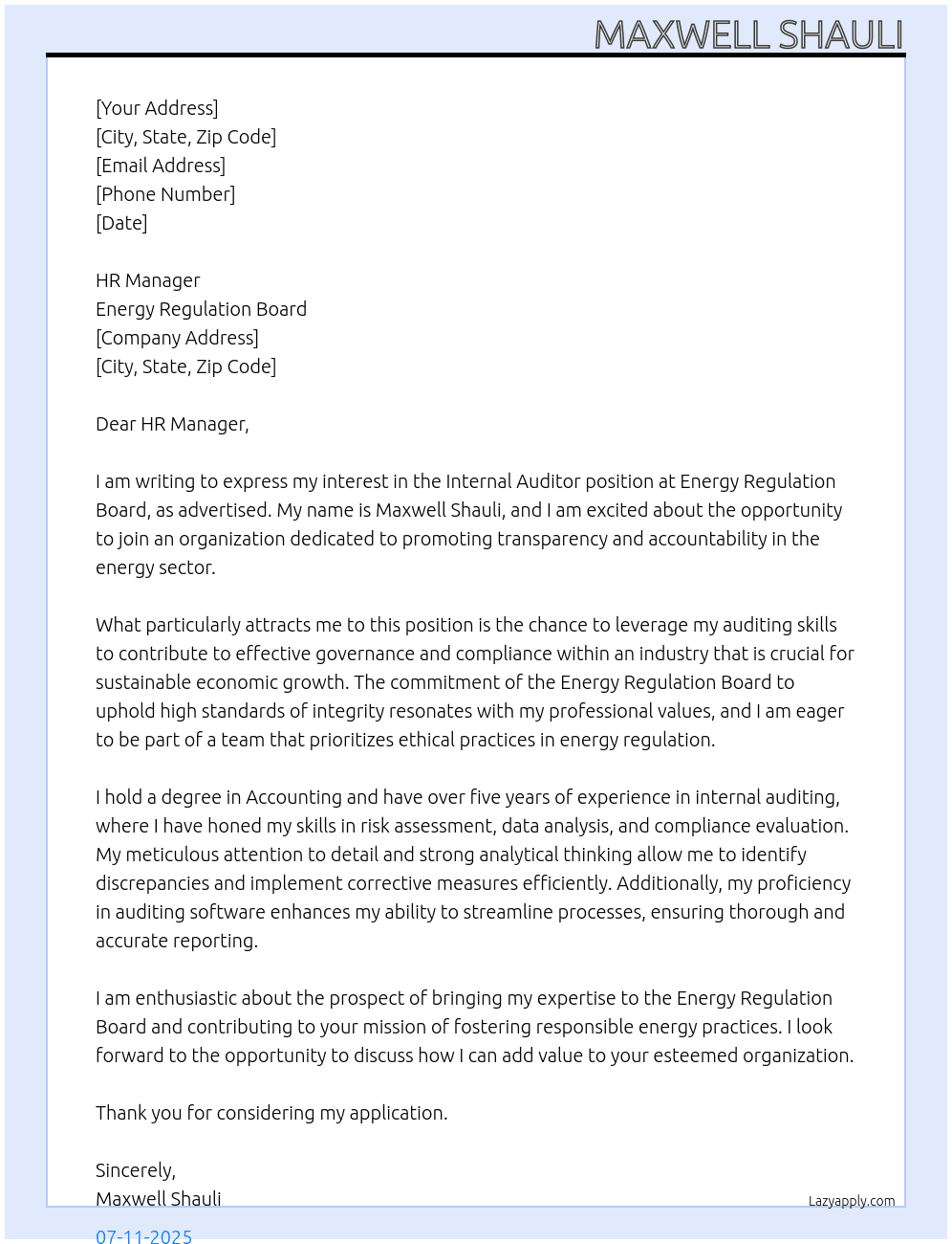Internal Auditor At Energy Regulation Board Cover Letter