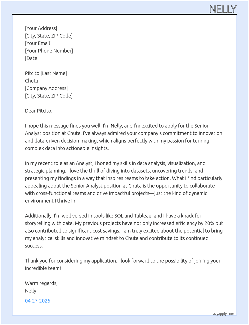 Senior Analyst At Chuta Cover Letter