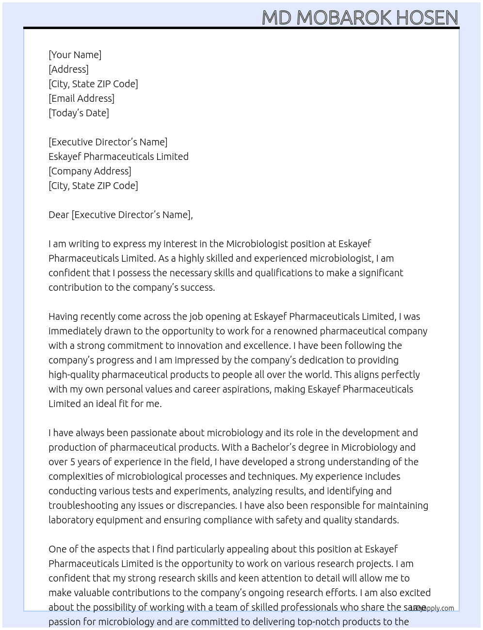 Microbiologist At Eskayef Pharmaceuticals Limited Cover Letter