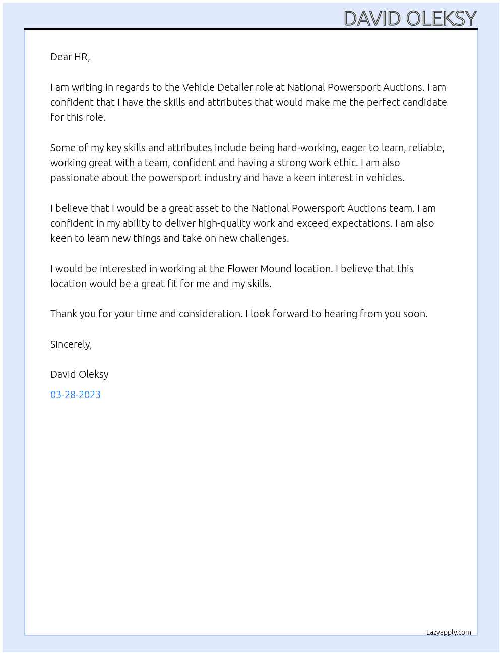 Vehicle Detailer At National Powersport Auctions Cover Letter