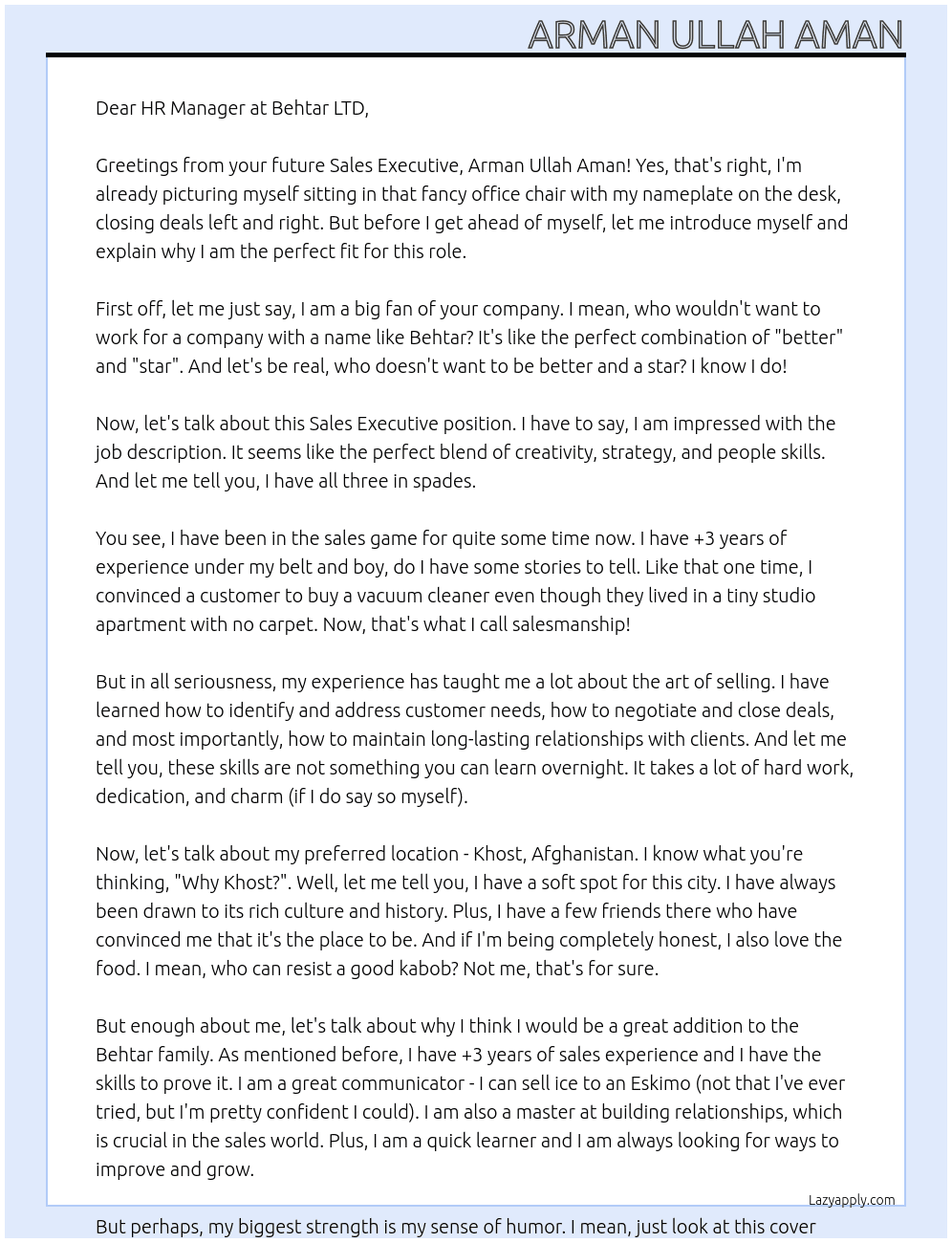 Sales Executive At Behtar LTD Cover Letter