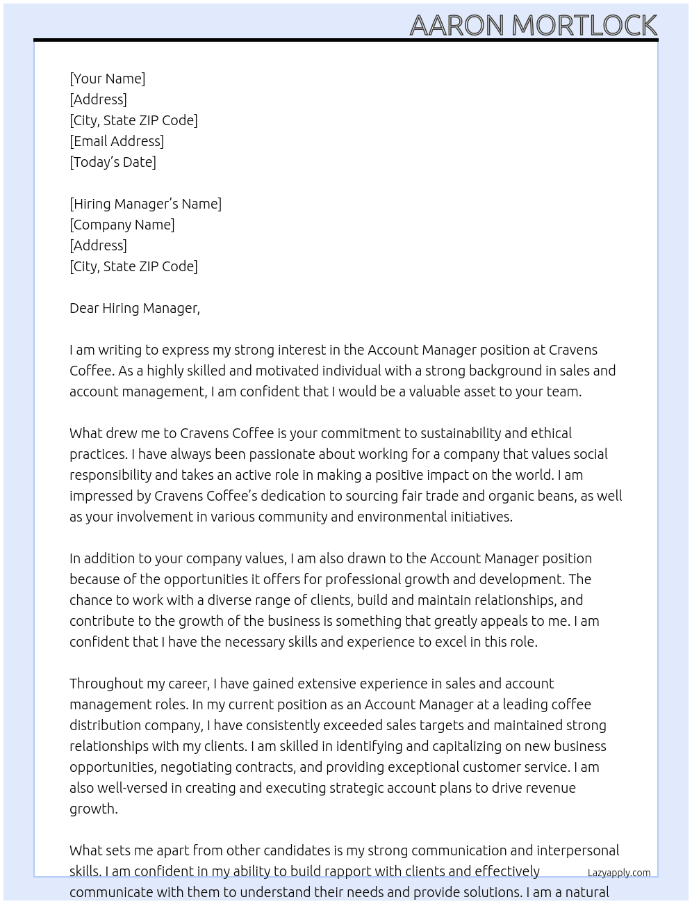 Account Manager At Cravens Coffee Cover Letter