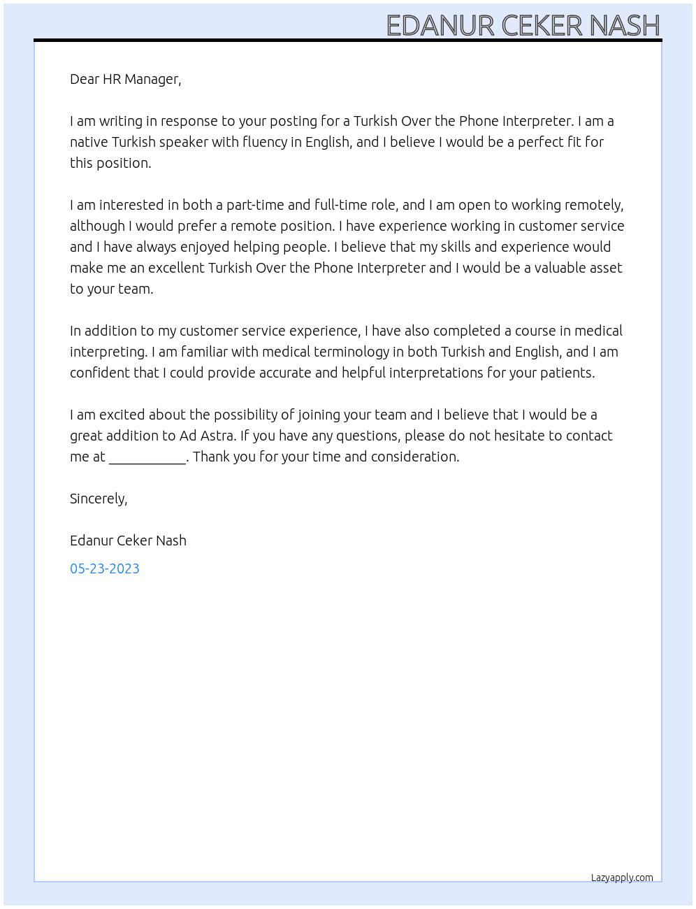 Turkish Over the Phone Interpreter At Ad Astra Cover Letter