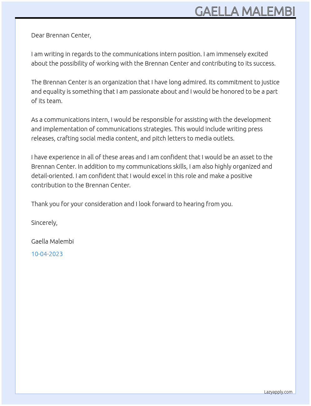 Communications Intern At Brennan Center for Justice Cover Letter