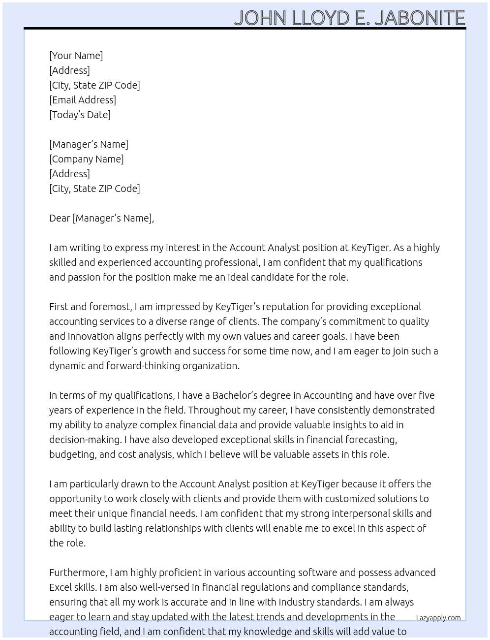 account analyst At KeyTiger Cover Letter