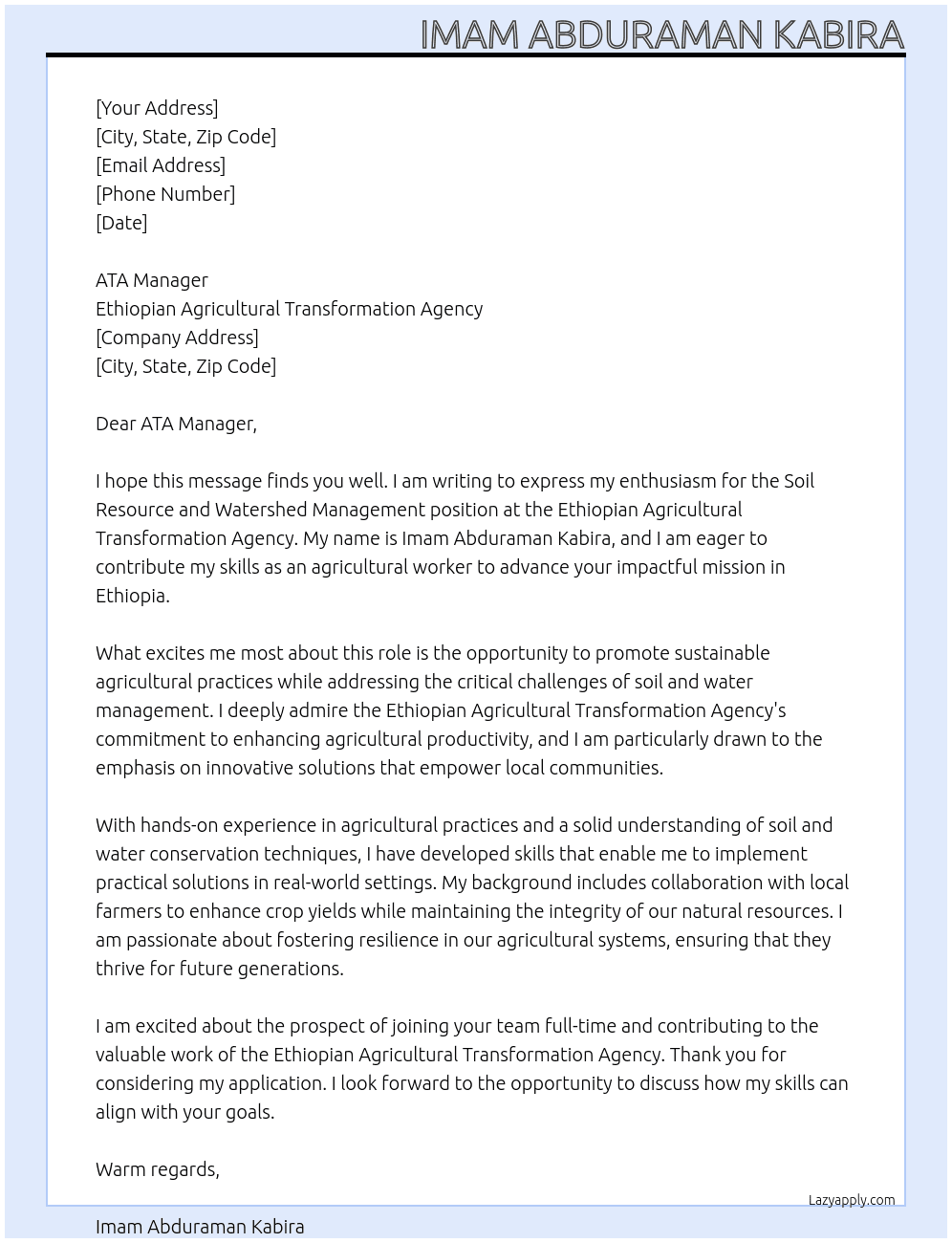 Soil Resource and watershed management  At Ethiopian Agricultural Transformation Agency  Cover Letter