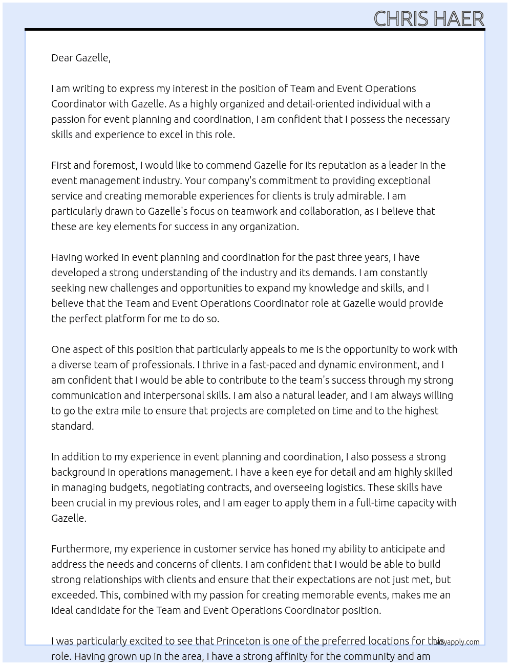 Team and Event Operations Coordinator At Gazelle Cover Letter