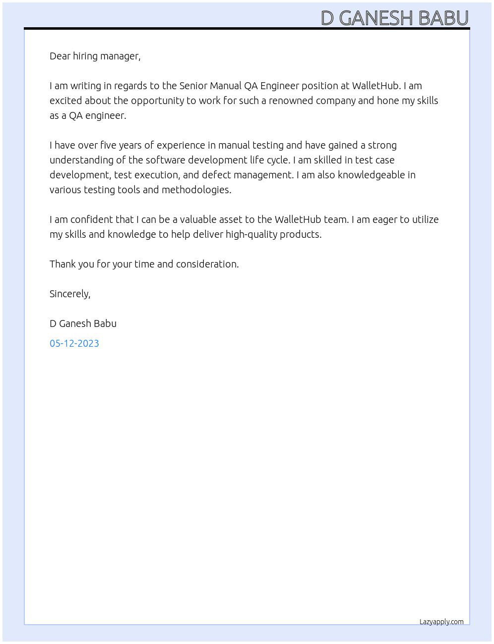 Senior Manual QA Engineer At WalletHub Cover Letter