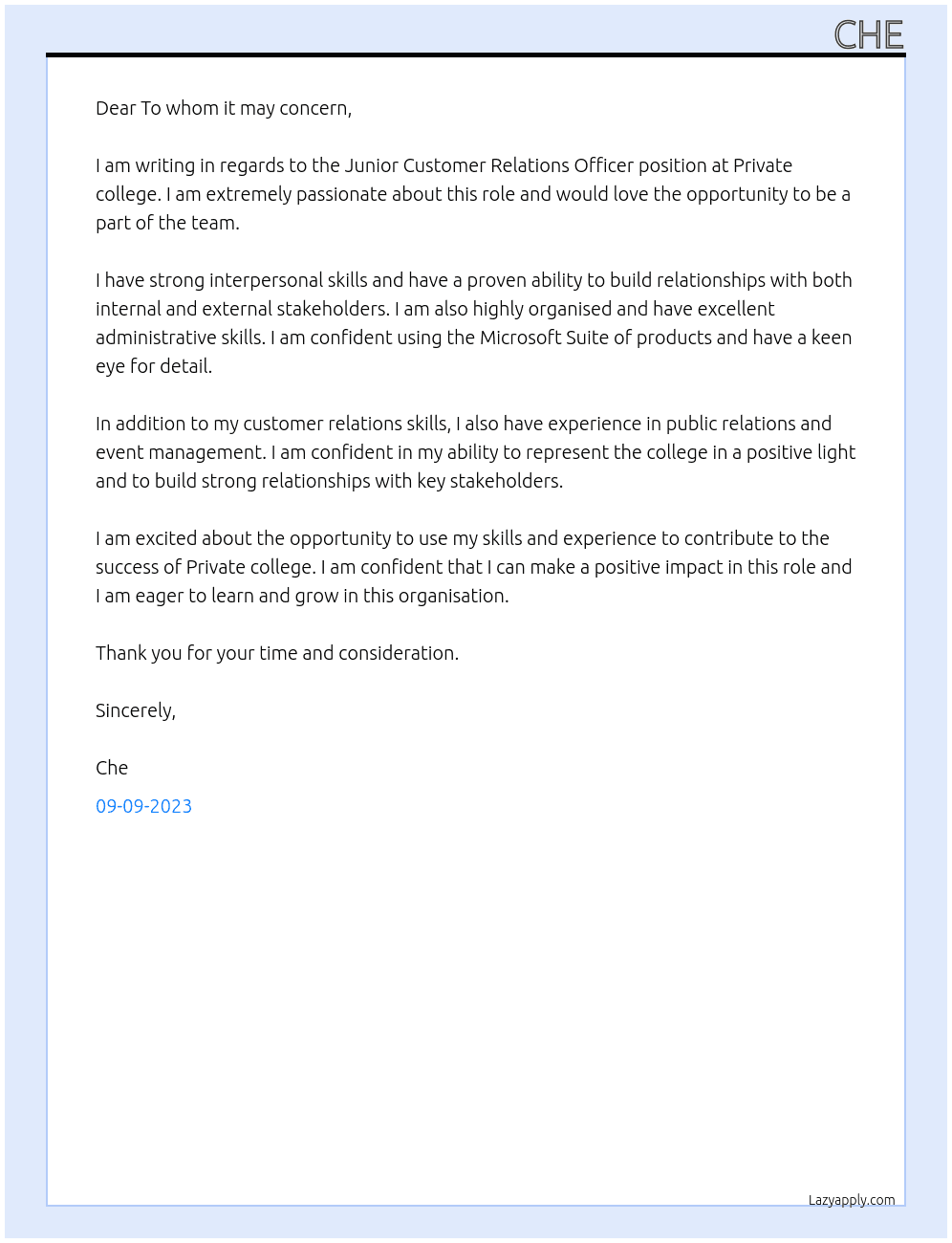Junior Customer Relations Officer At Private college Cover Letter