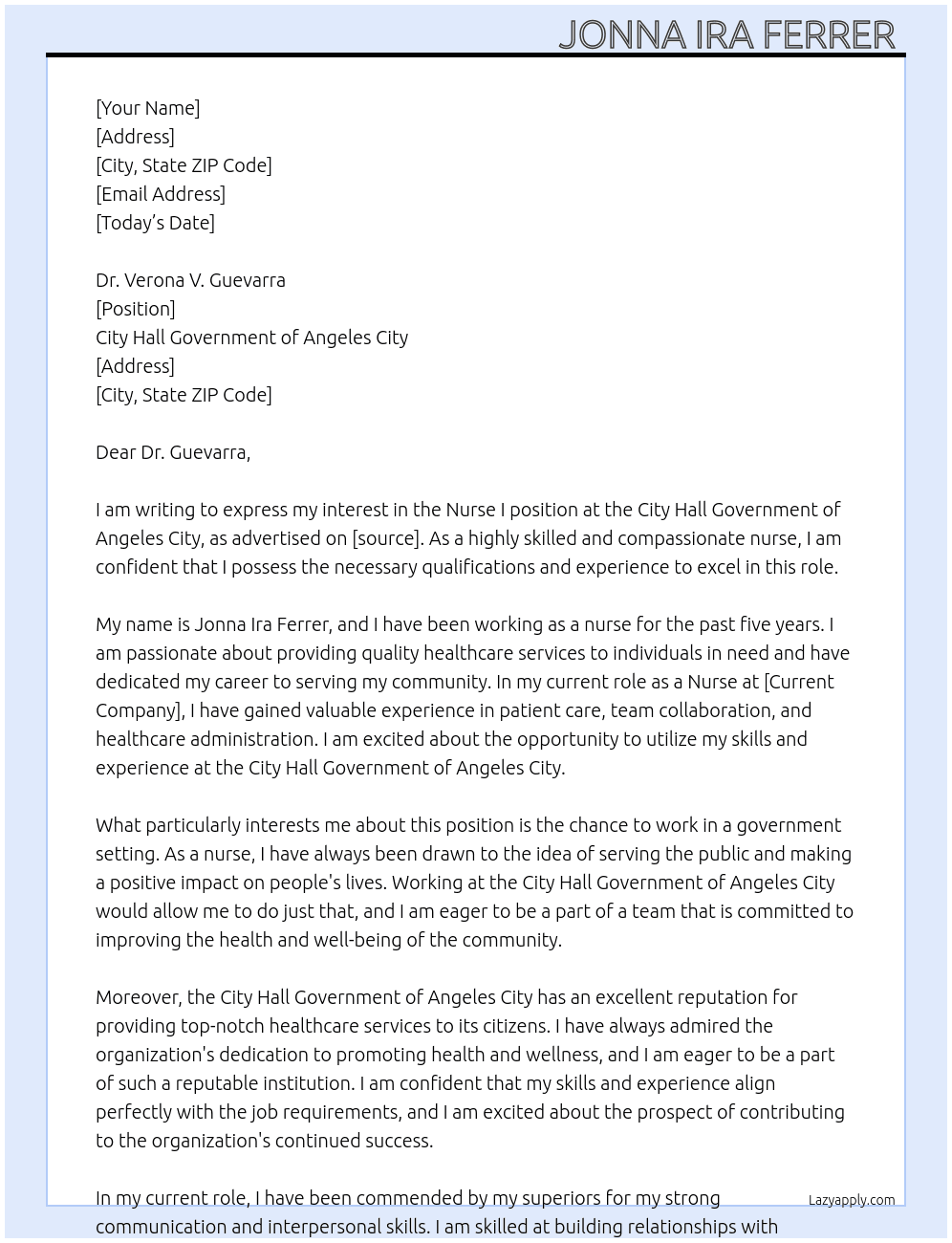 Nurse I At City hall Government of Angeles City Cover Letter