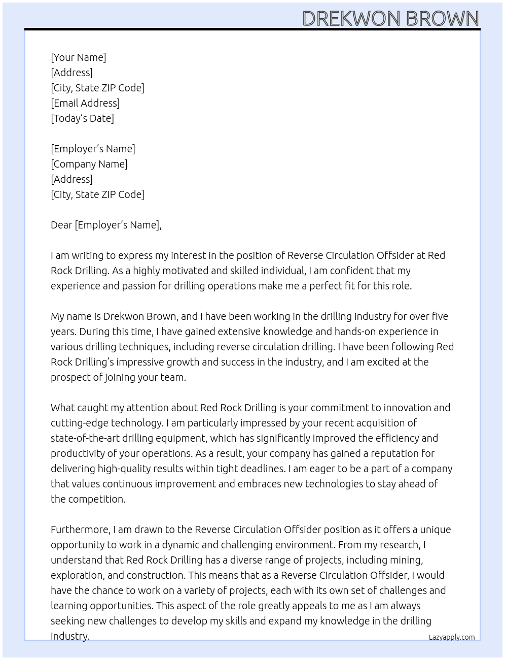 Reverse circulation offsider At Red rock drilling Cover Letter