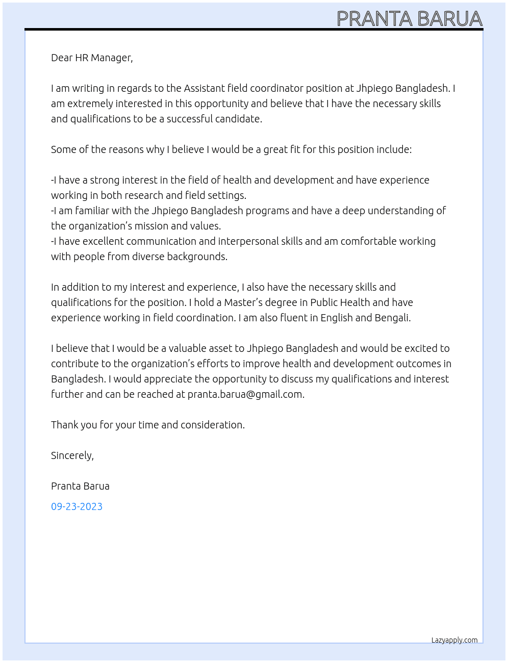 Assistant field coordinator At Jhpiego Bangladesh Cover Letter