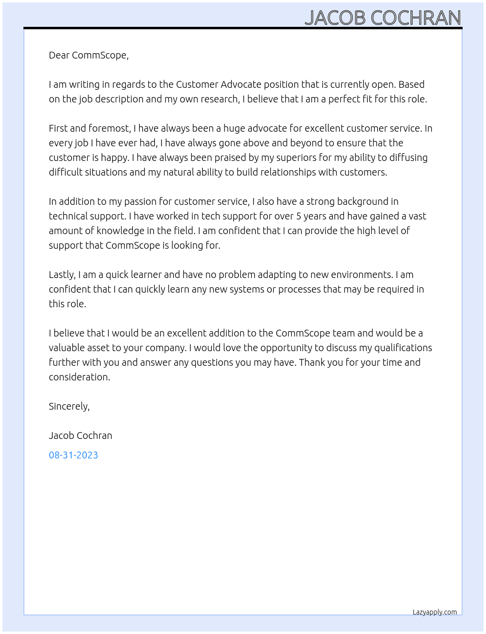 Customer Advocate At CommScope Cover Letter