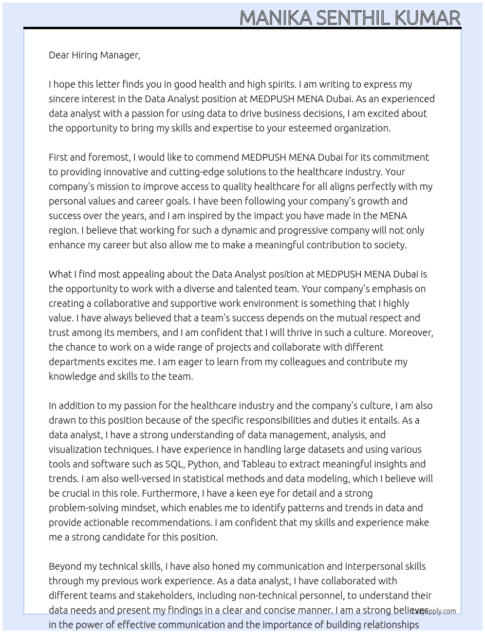 Data analyst At MEDPUSH MENA Dubai Cover Letter
