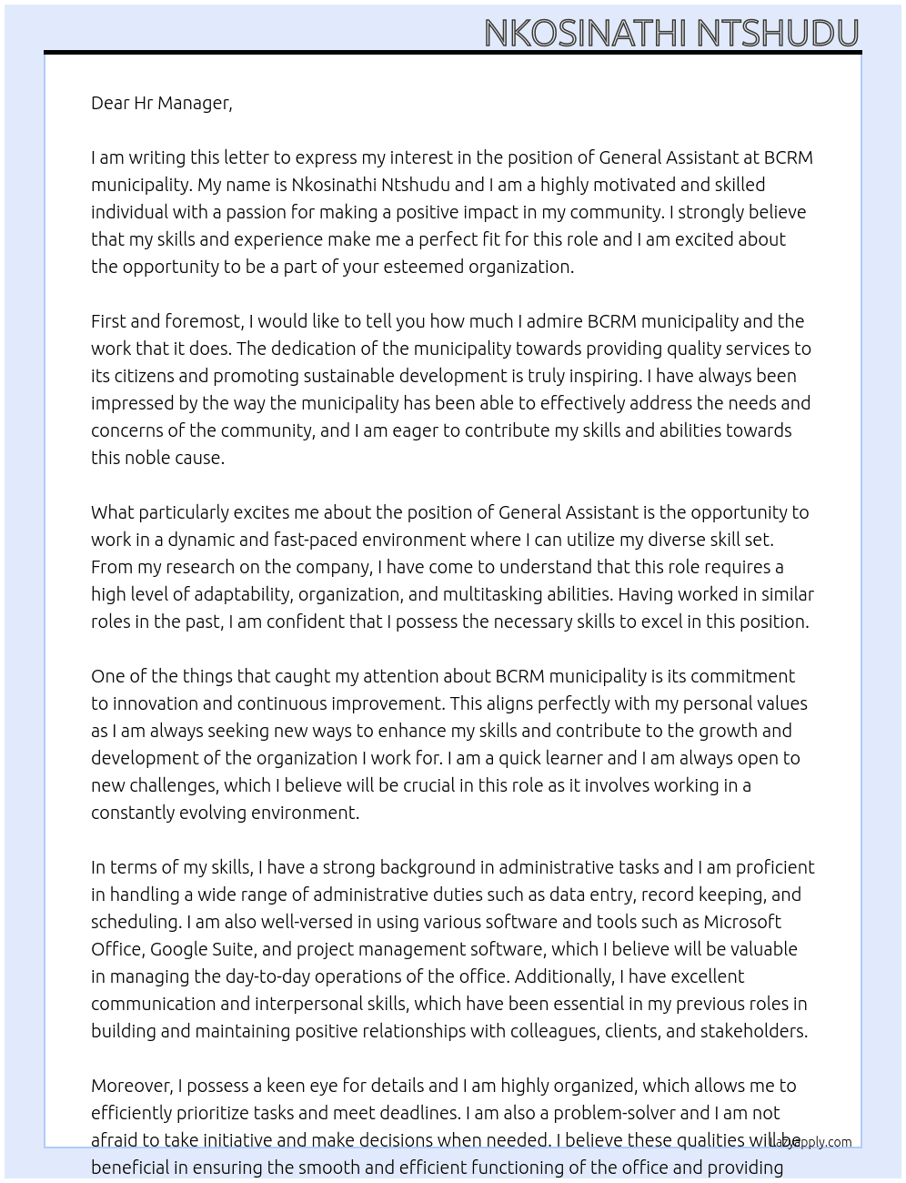 General Assistant  At BCRM municipality  Cover Letter