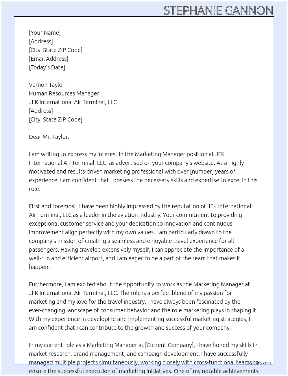 Marketing Manager At JFK International Air Terminal, LLC Cover Letter