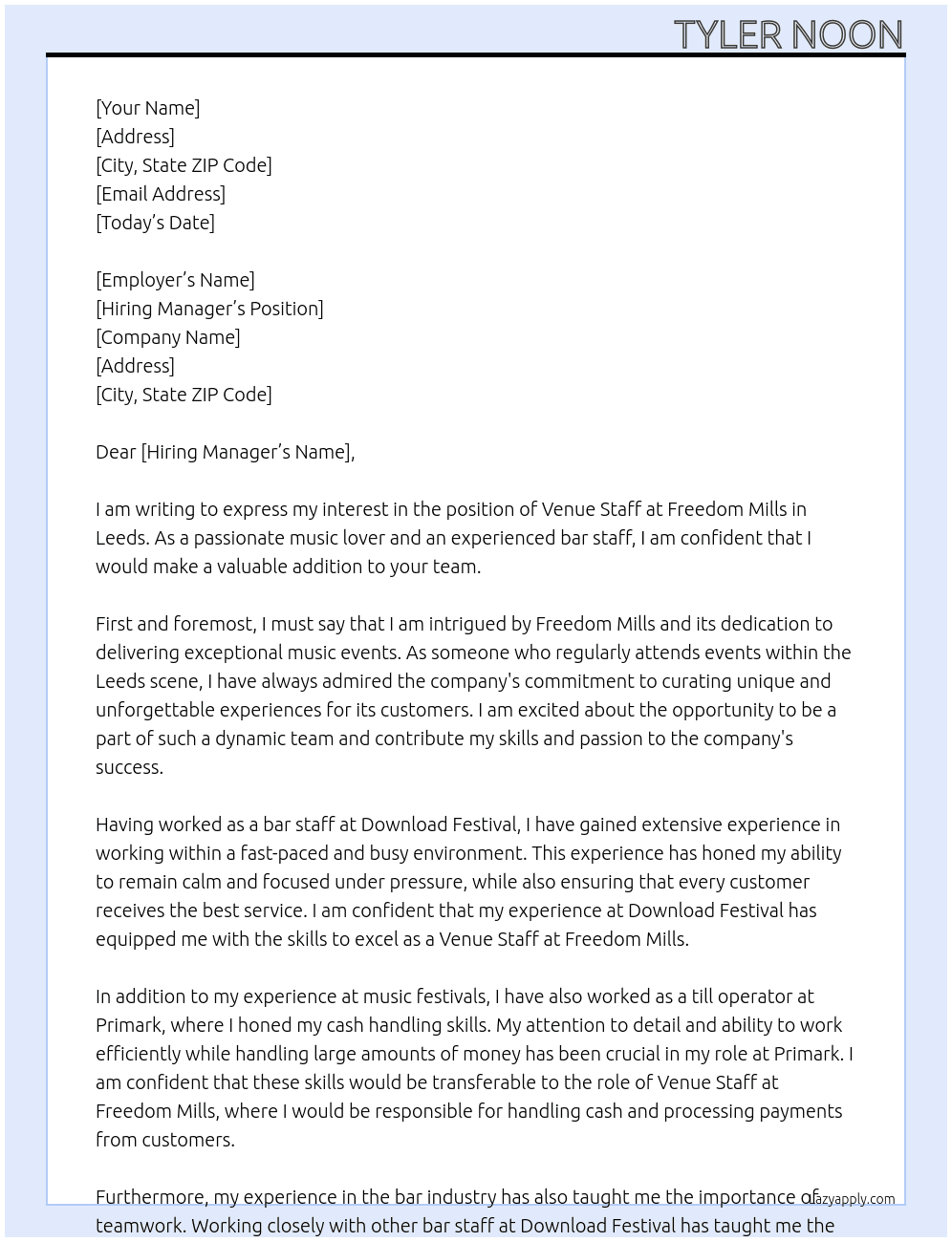 Venue Staff At Freedom Mills Cover Letter