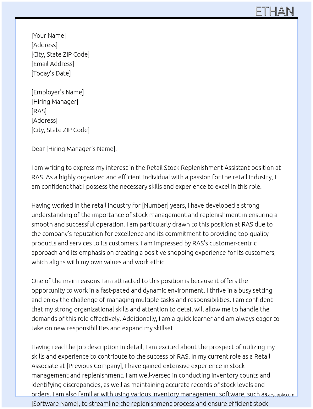 Retail Stock Replenishment Assistant At RAS Cover Letter