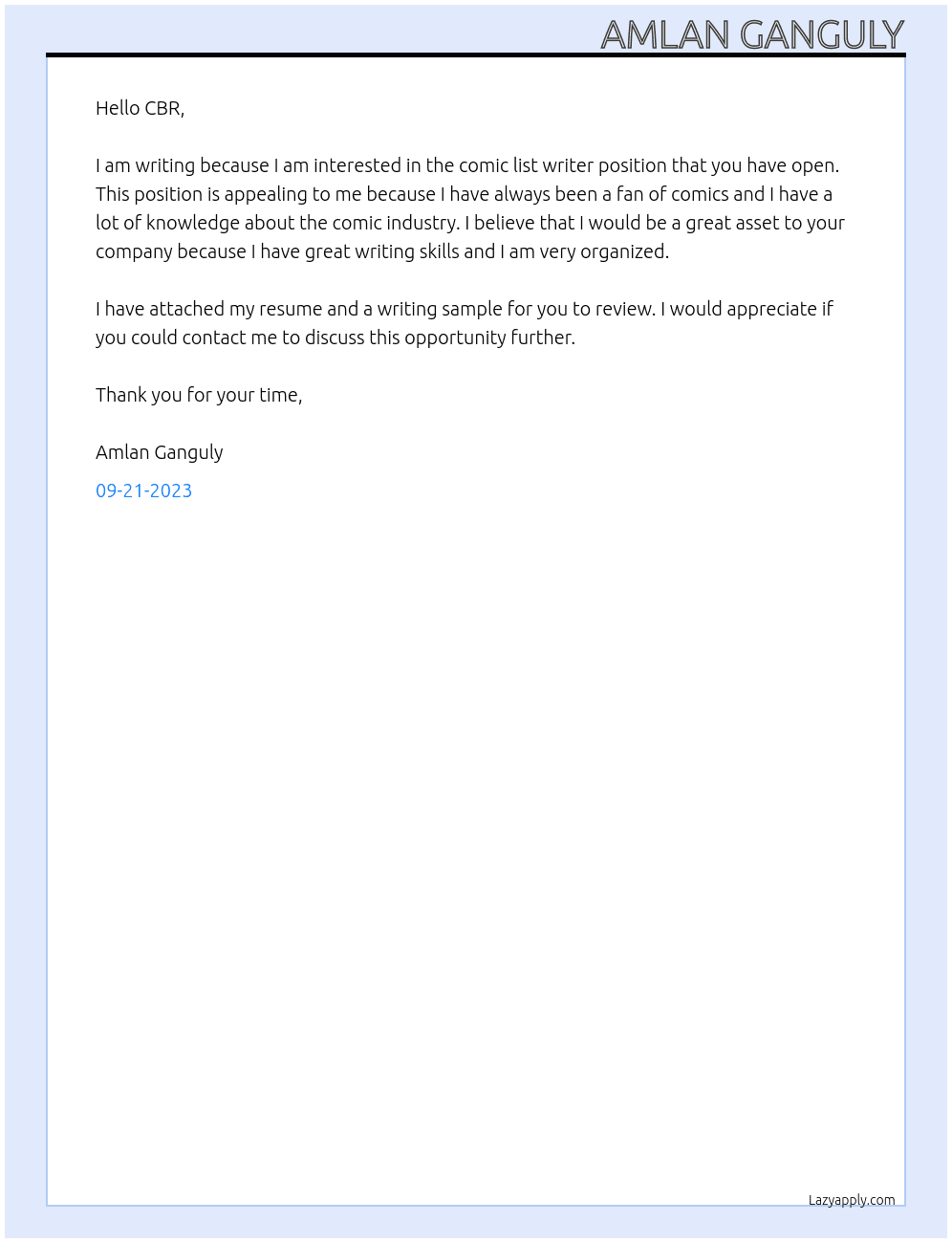 Comic List Writer At CBR Cover Letter