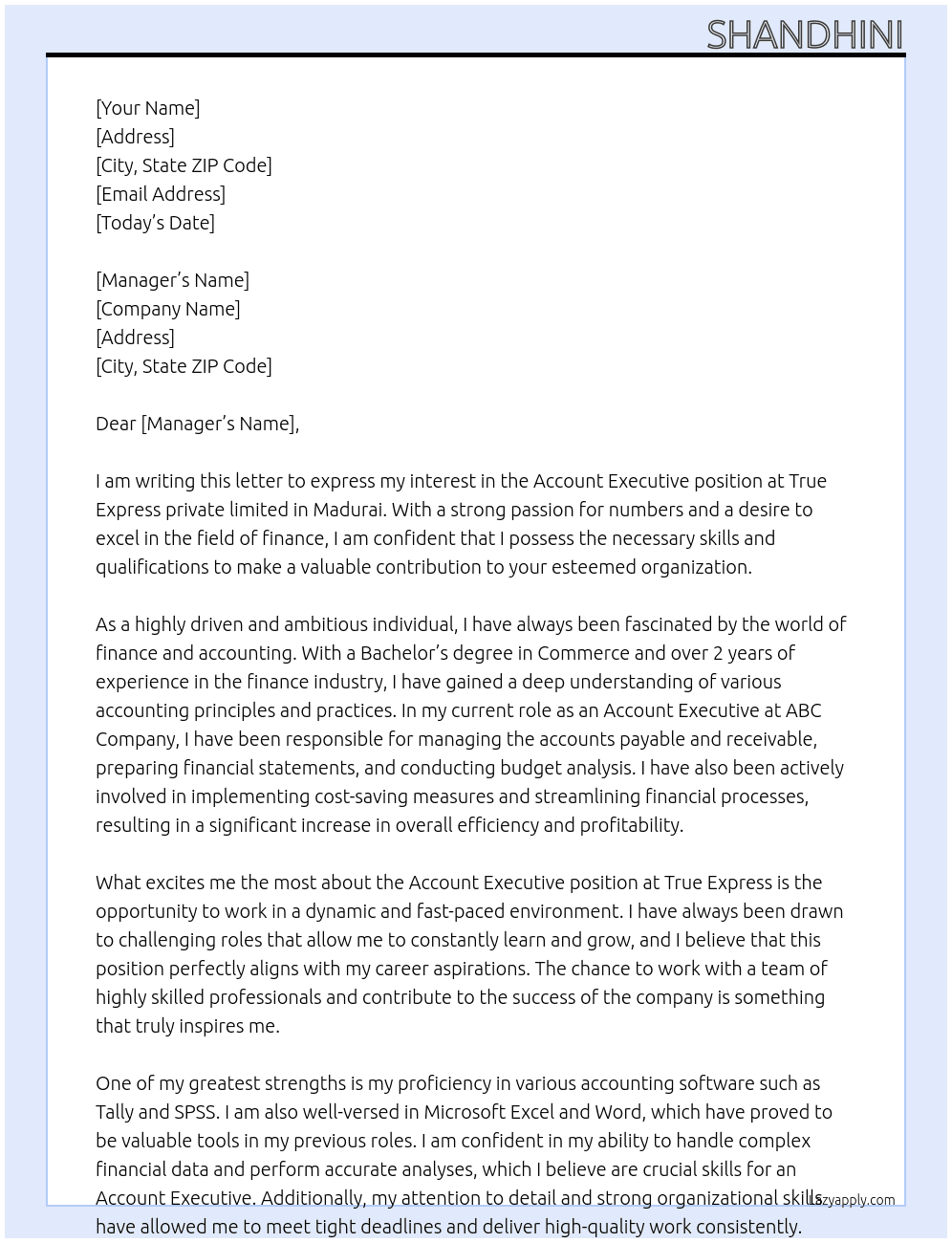 Account executive  At True Exprress private limited, Madurai  Cover Letter