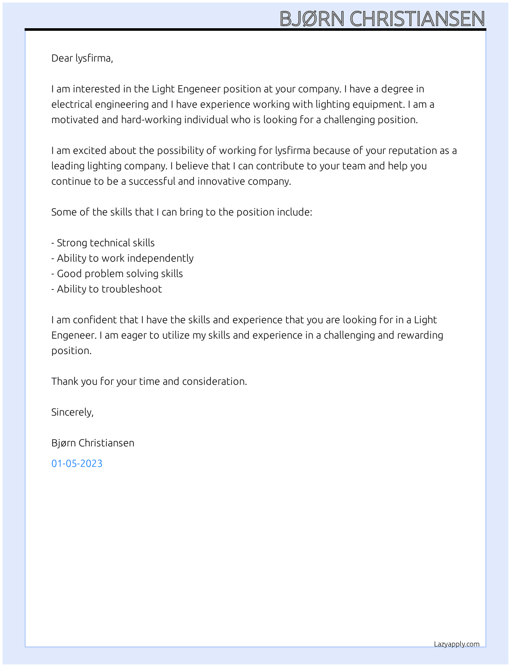 Cover letter for light engeneer - LazyApply