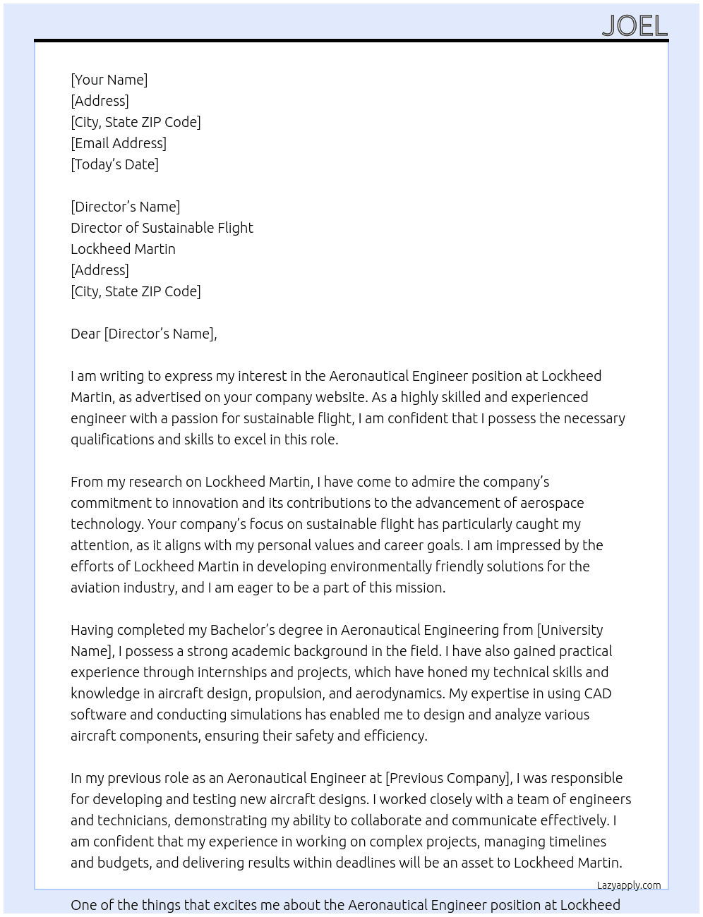 Aeronautical Engineer At Lockheed Martin Cover Letter