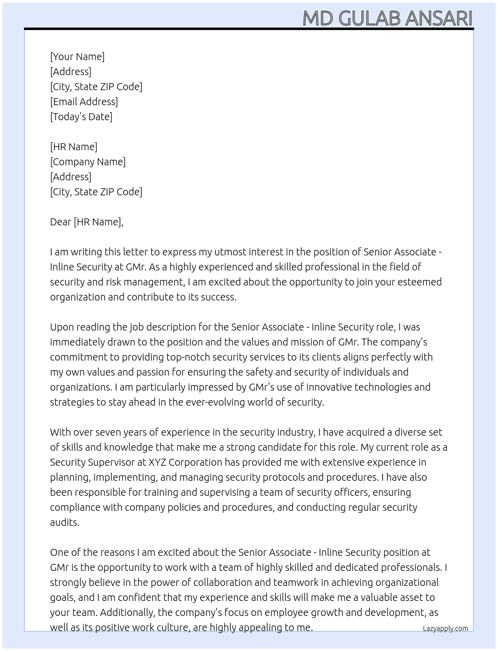 Senior Associate - Inline Security At GMr Cover Letter
