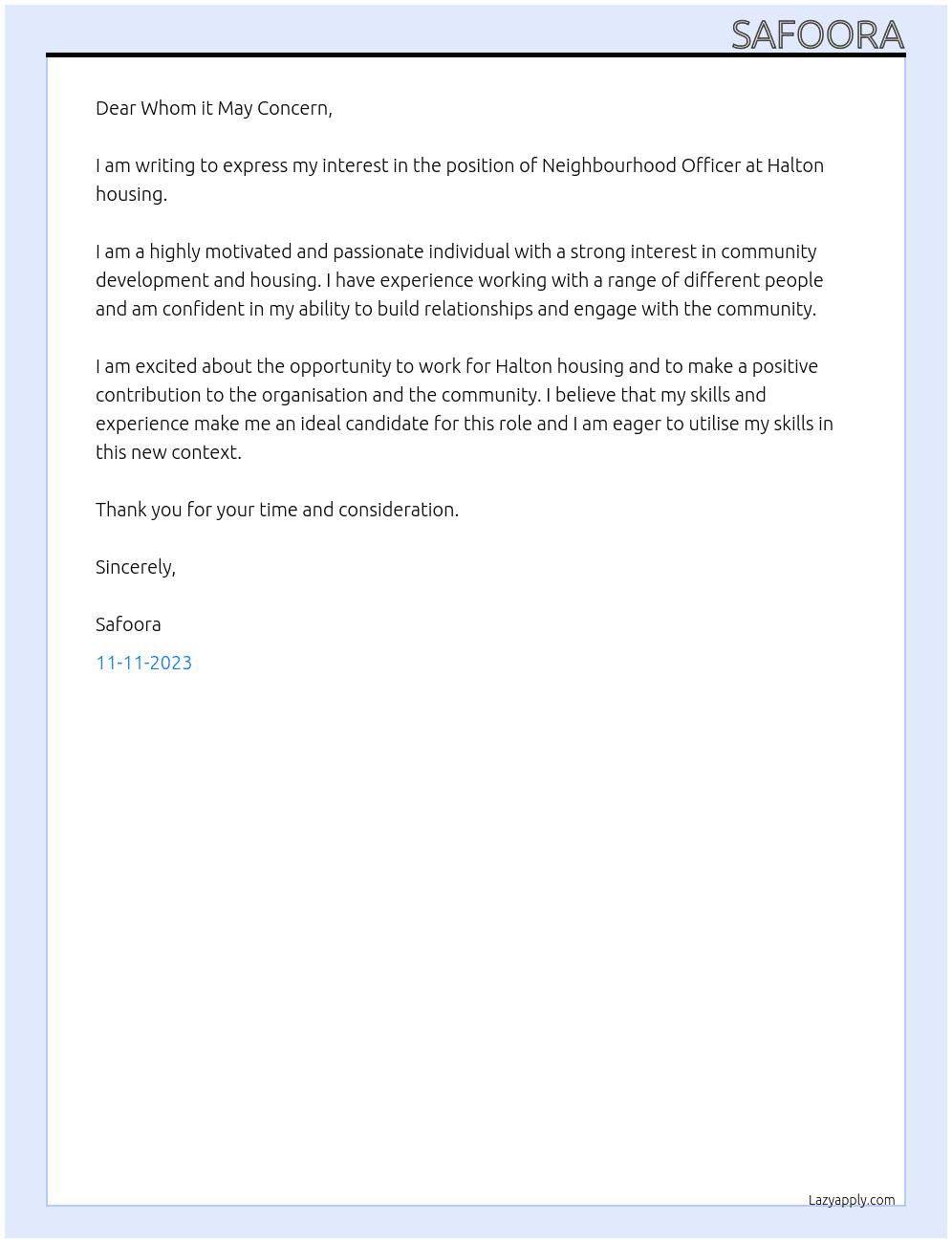 Neighbourhood officer At Halton housing  Cover Letter