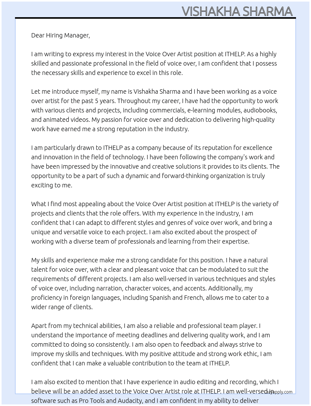 Voice Over artist At ITHELP Cover Letter
