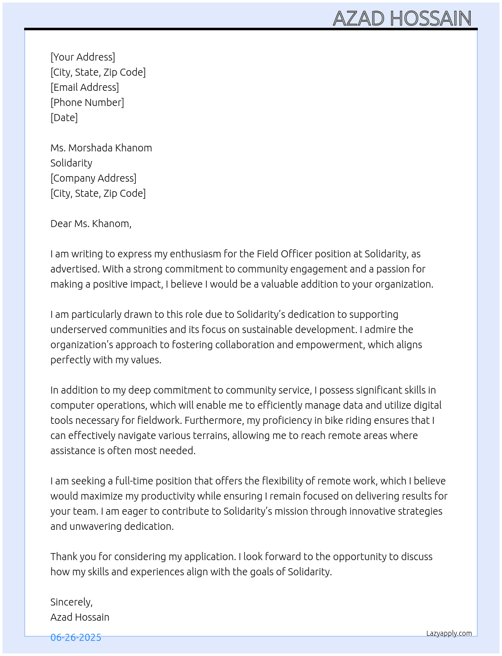 Field Officer At Solidarity Cover Letter