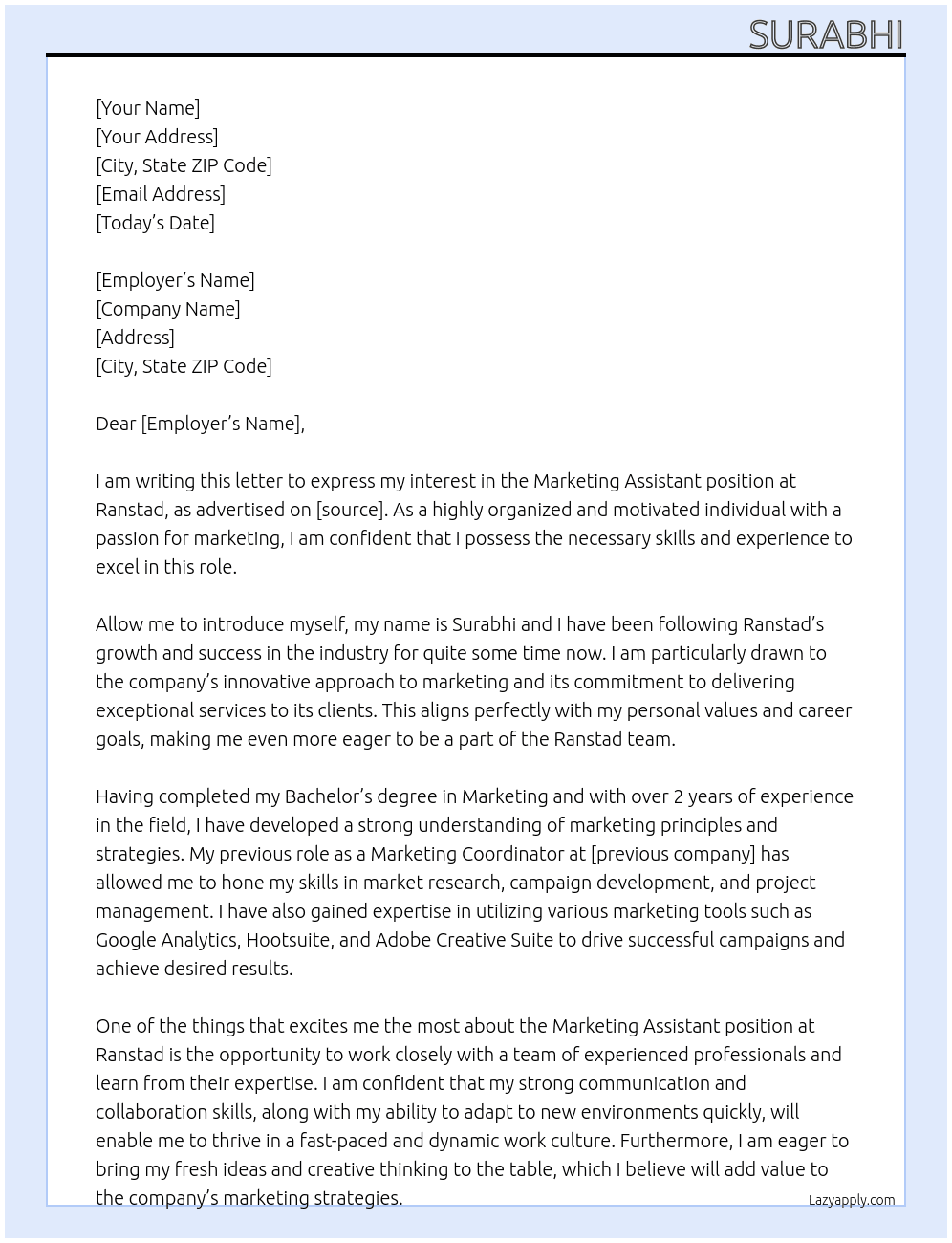 mARKETING ASSISTANT At ranstad Cover Letter