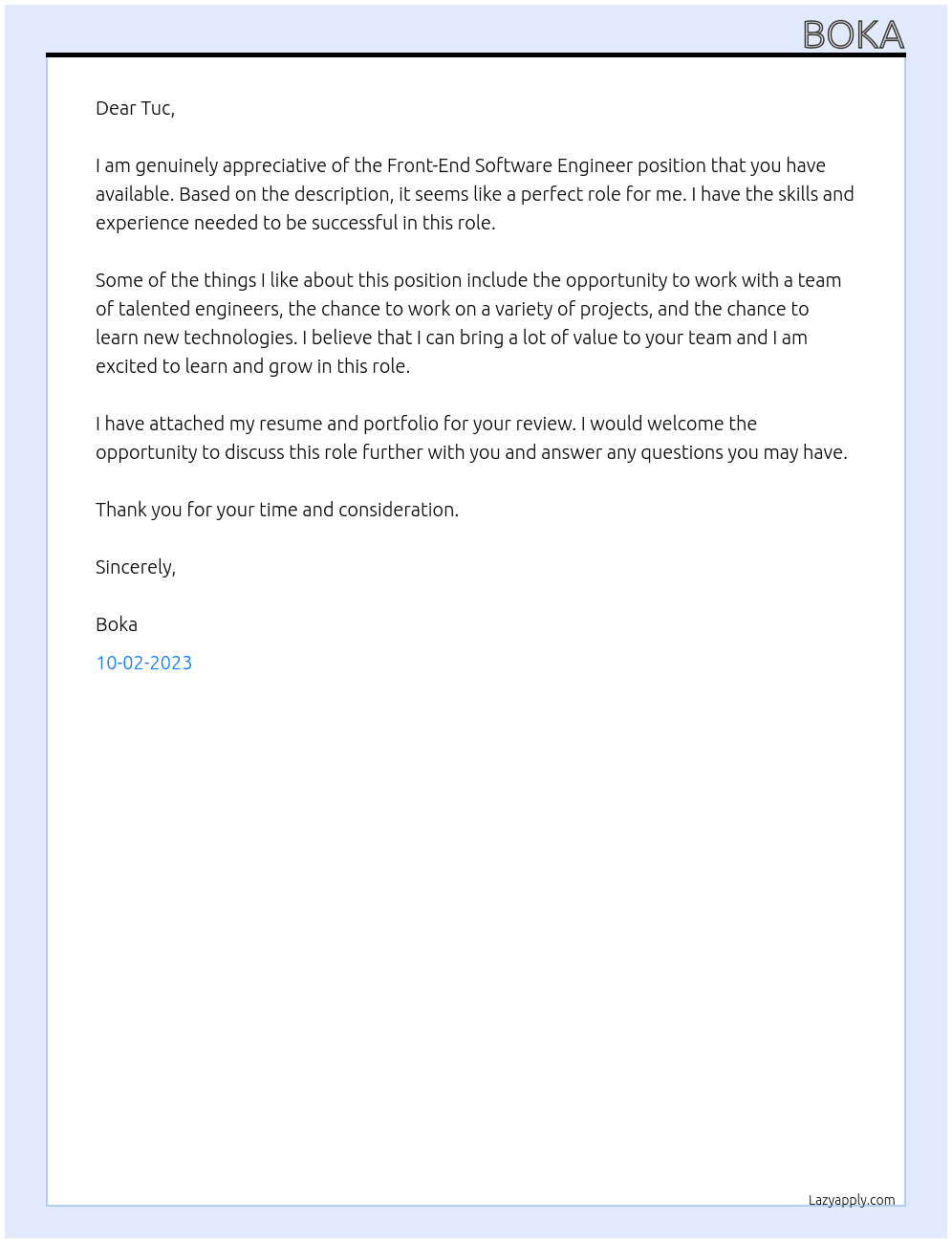 Front-End Software Engineer At tuc Cover Letter
