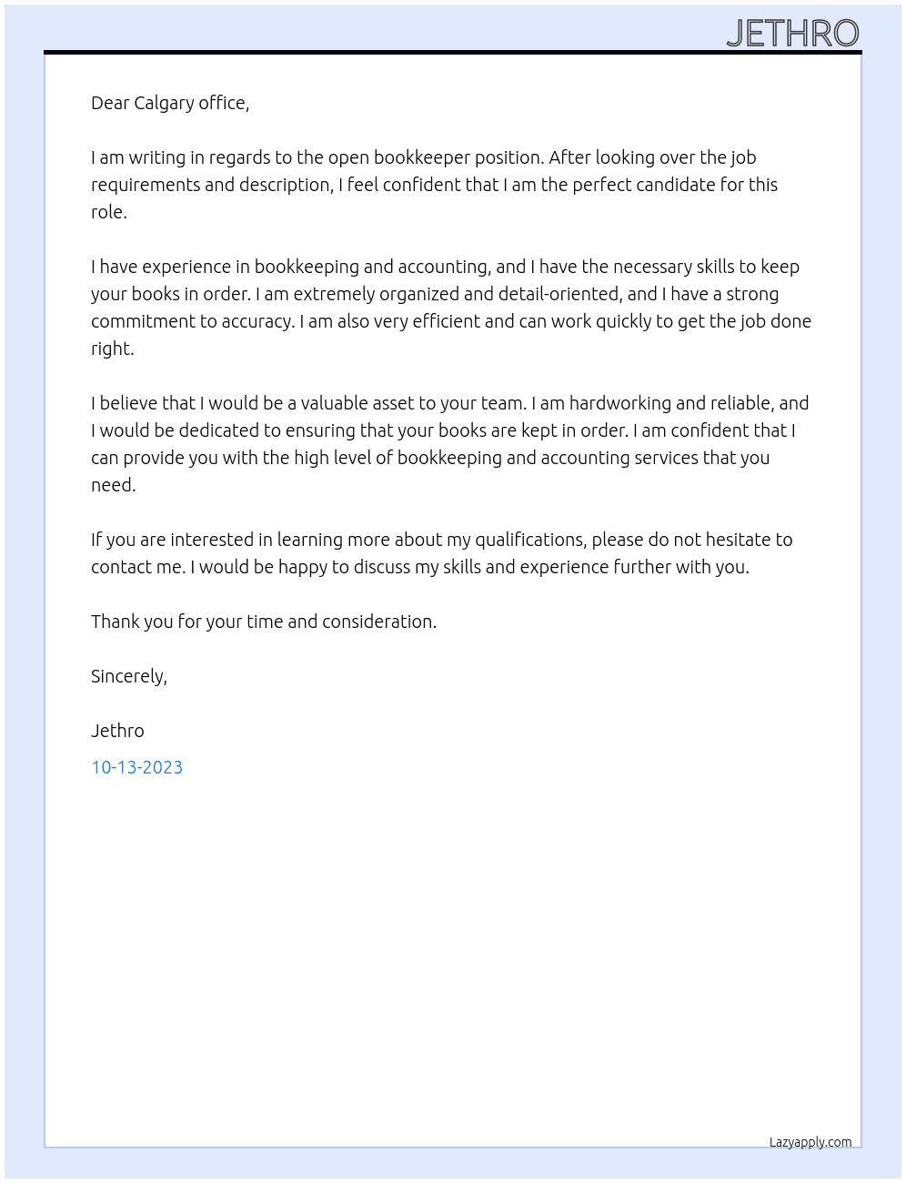 bookeeper At Calgary office Cover Letter