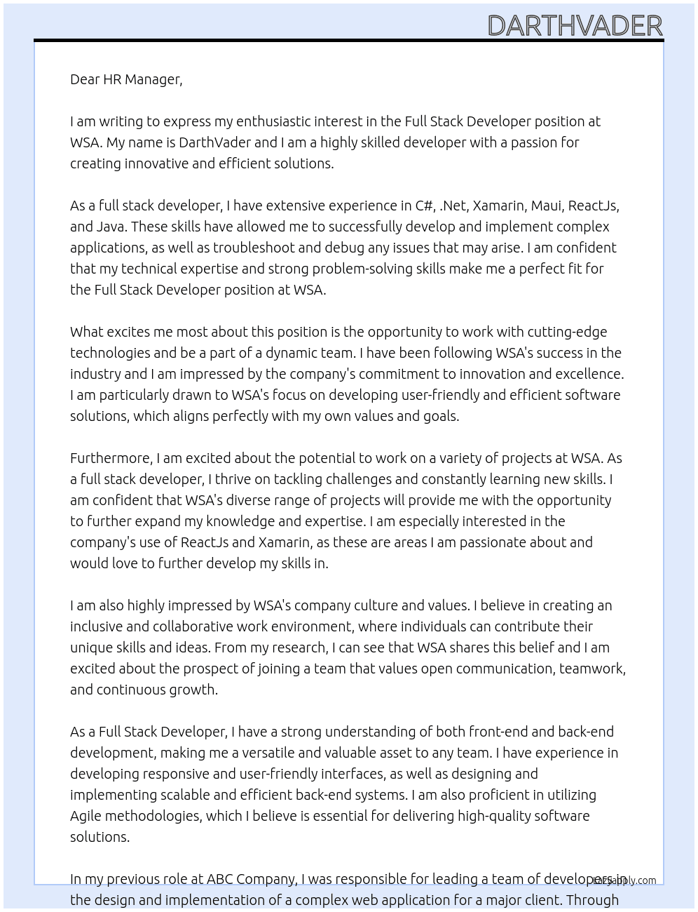 Full Stack developer At WSA Cover Letter