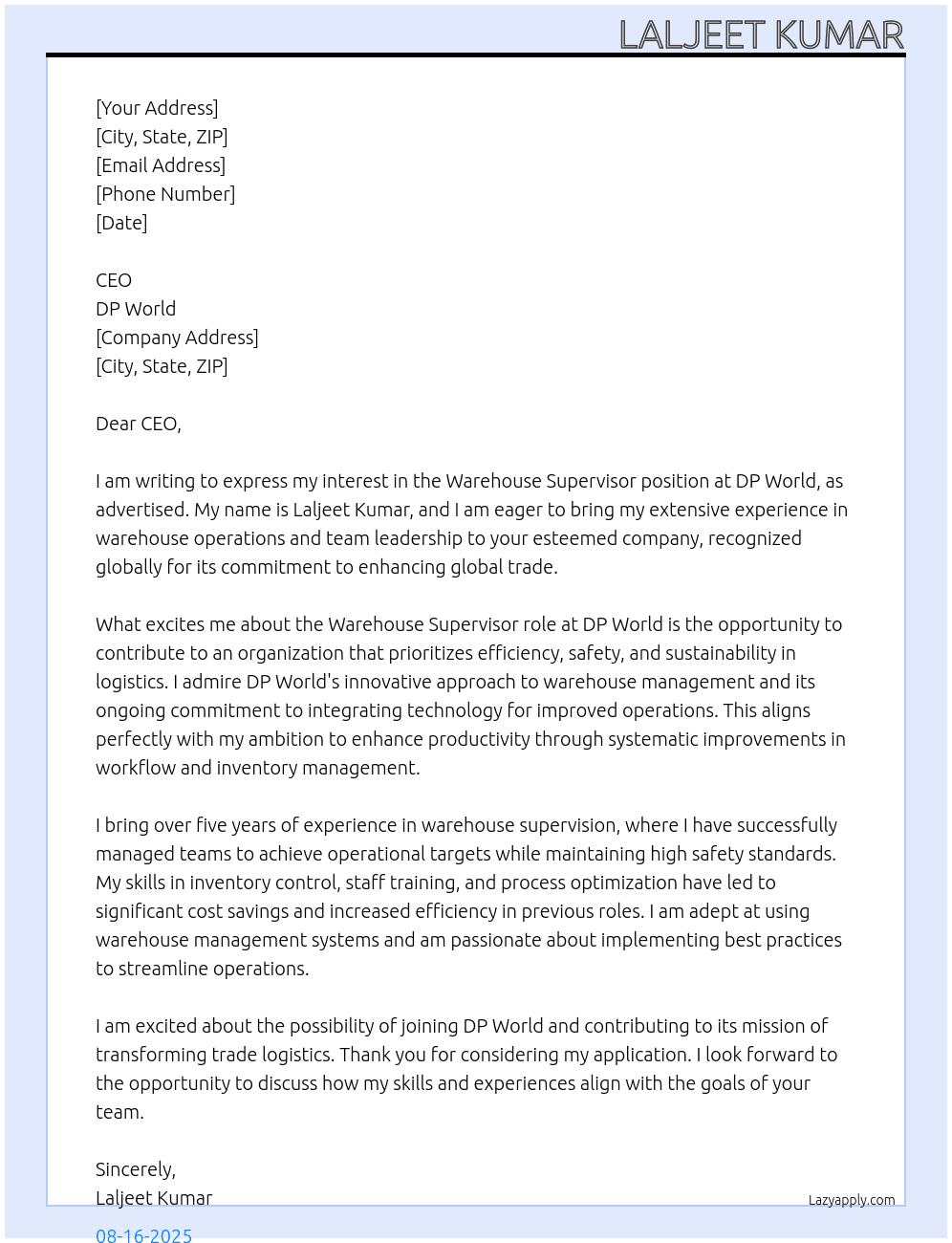 Warehouse Supervisor  At DP World  Cover Letter