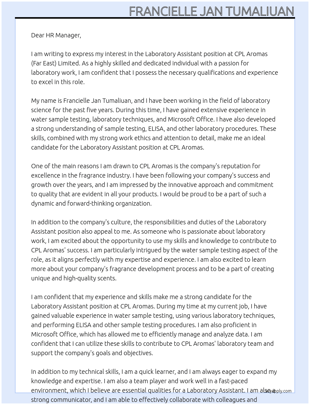 Laboratory Assistant At CPL Aromas (Far East) Limited Cover Letter